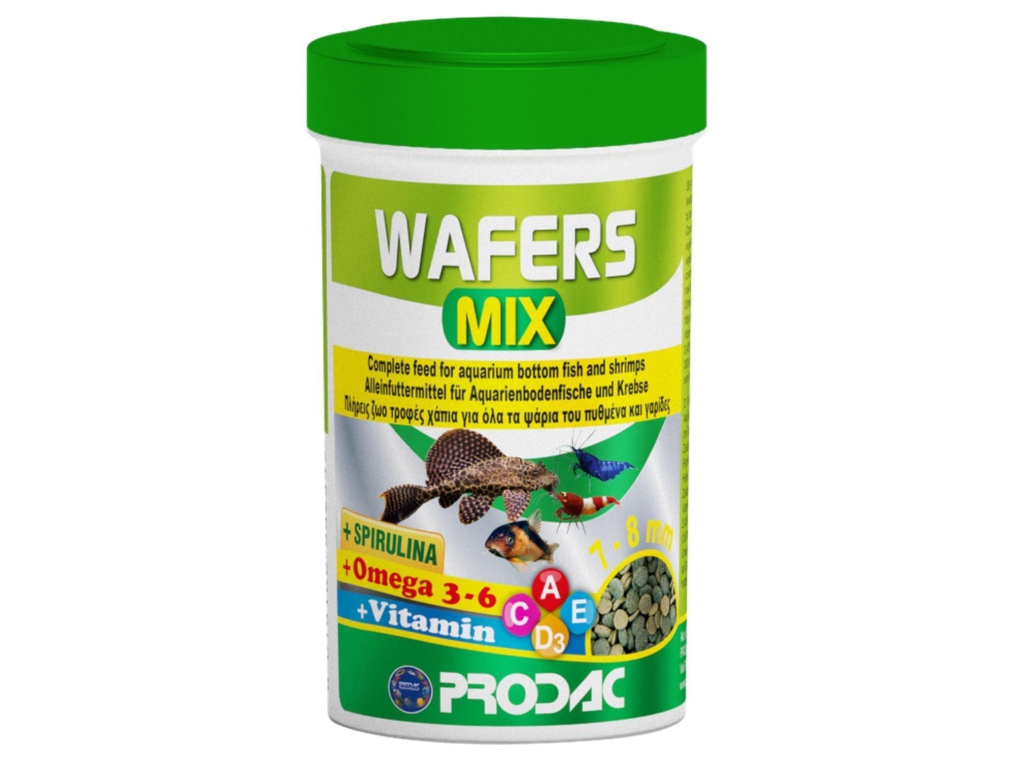 Prodac Wafers Mix fiskefôr med spirulina, omega 3-6 og vitaminer i hvit beholder med grønt lokk.