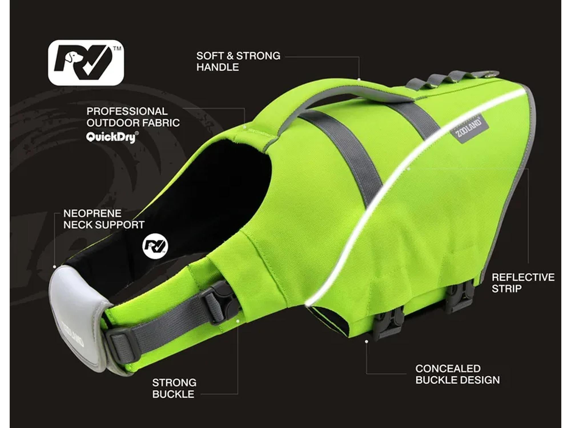 Grønn Wave Rider flytevest for hund, med reflekser, solid håndtak og neopren nakkestøtte.