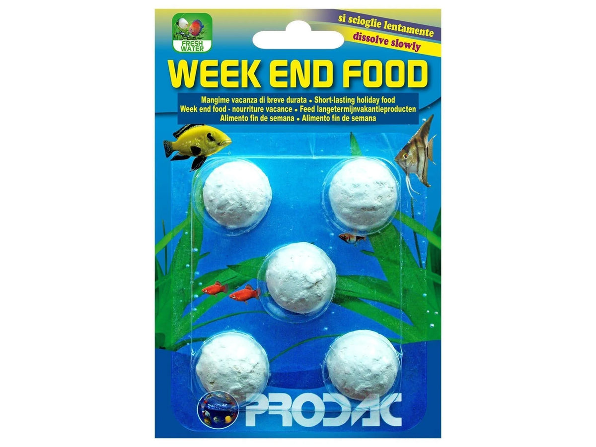 Prodac Week End Food 21gr med 5 hvite tabletter for akvariefisk, vist i blå blisterpakning.