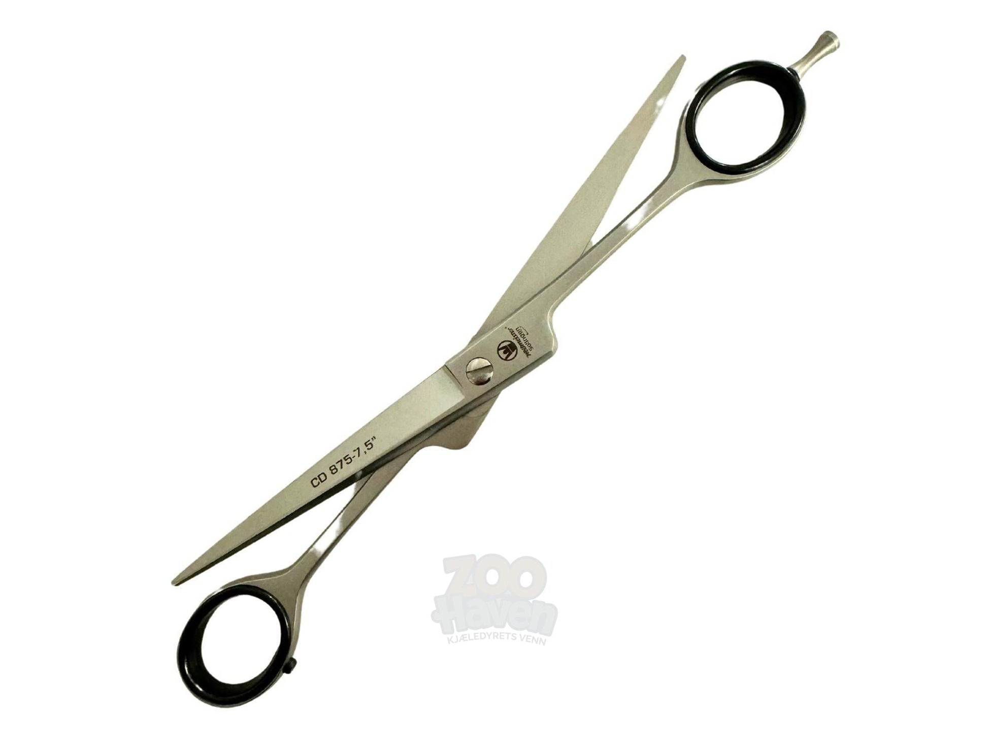 Weltmeister 19cm rett pelssaks i sølvmetall med svarte fingerringer.