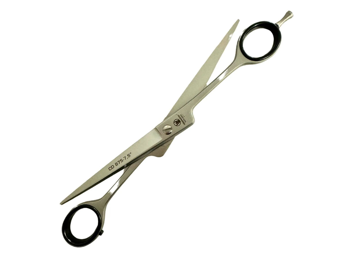 Weltmeister 19cm rett pelssaks i sølvmetall med svarte fingerringer.