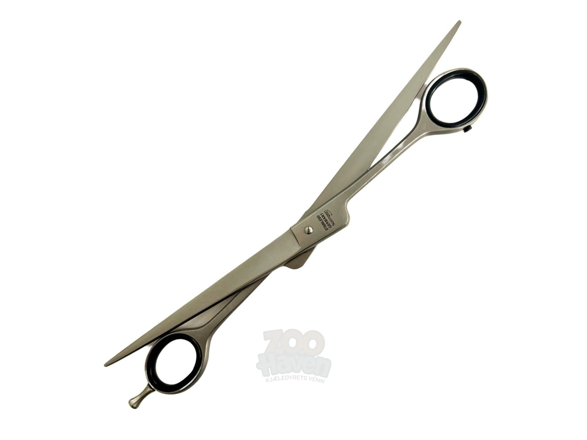 Weltmeister 21,5cm rett klippesaks i sølvfarget rustfritt stål med svarte fingerringer.
