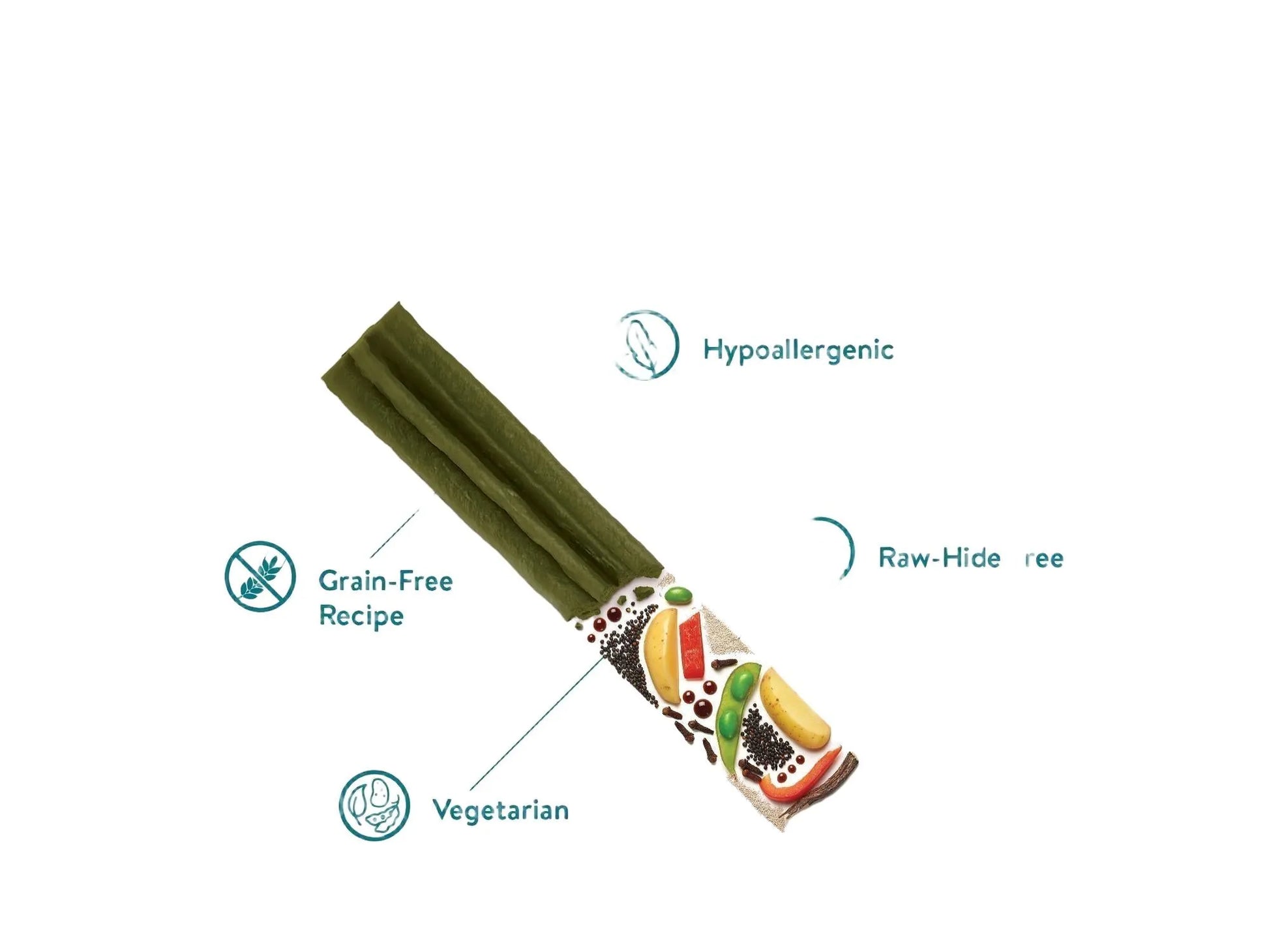 Grønn Whimzees Stix dental tyggepinne med illustrasjon av vegetariske, kornfrie ingredienser.