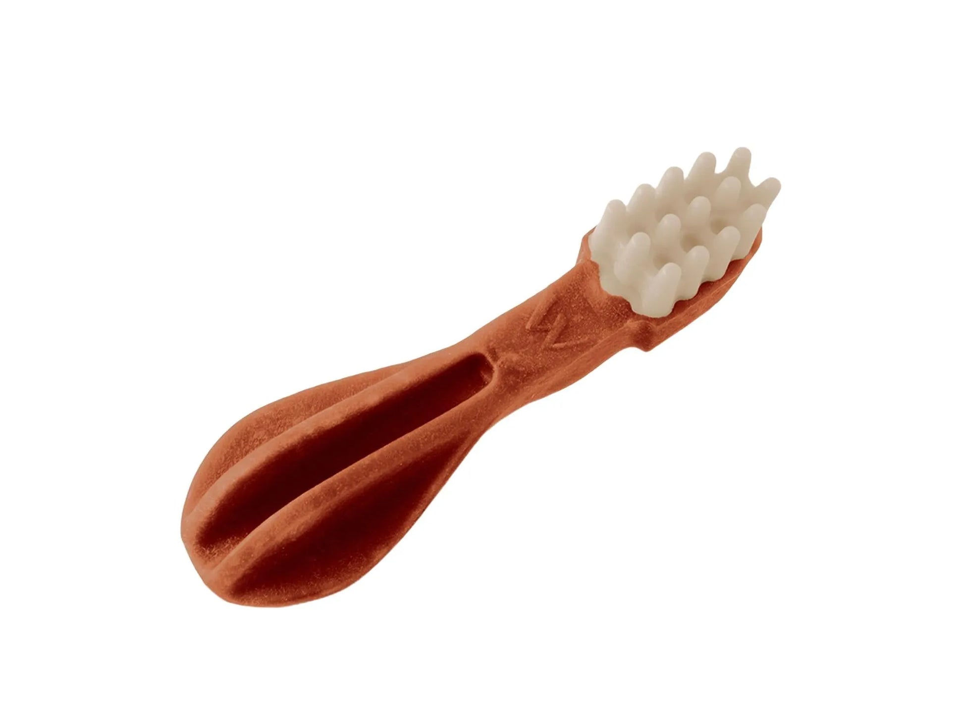 Brun, tannbørsteformet Whimzees dental tyggepinne for hund med hvite børster og riller.