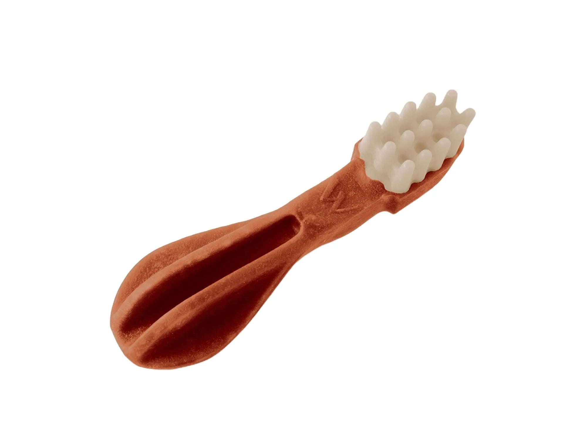 Brun, tannbørsteformet Whimzees dental tyggepinne for hund med hvite børster og riller.