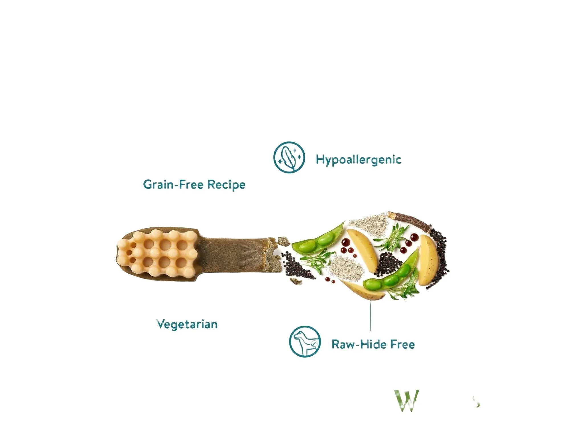 Whimzees Toothbrush dental chew, beige and brown, with natural ingredients like peas, potatoes, and spices.