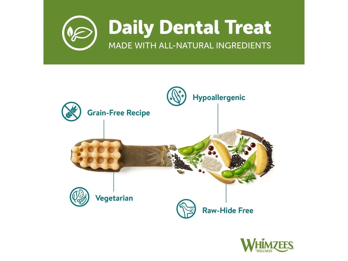 Whimzees Toothbrush dental chew, beige and brown, with natural ingredients like peas, potatoes, and spices.