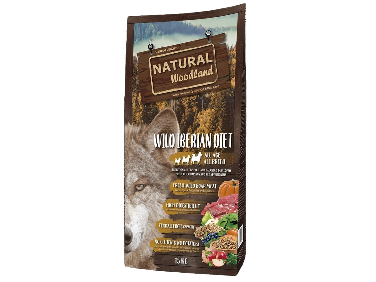 15 kg sekk med Natural Woodland Wild-Iberian hundefôr med bilde av villsvin, kjøtt, grønnsaker og skog.