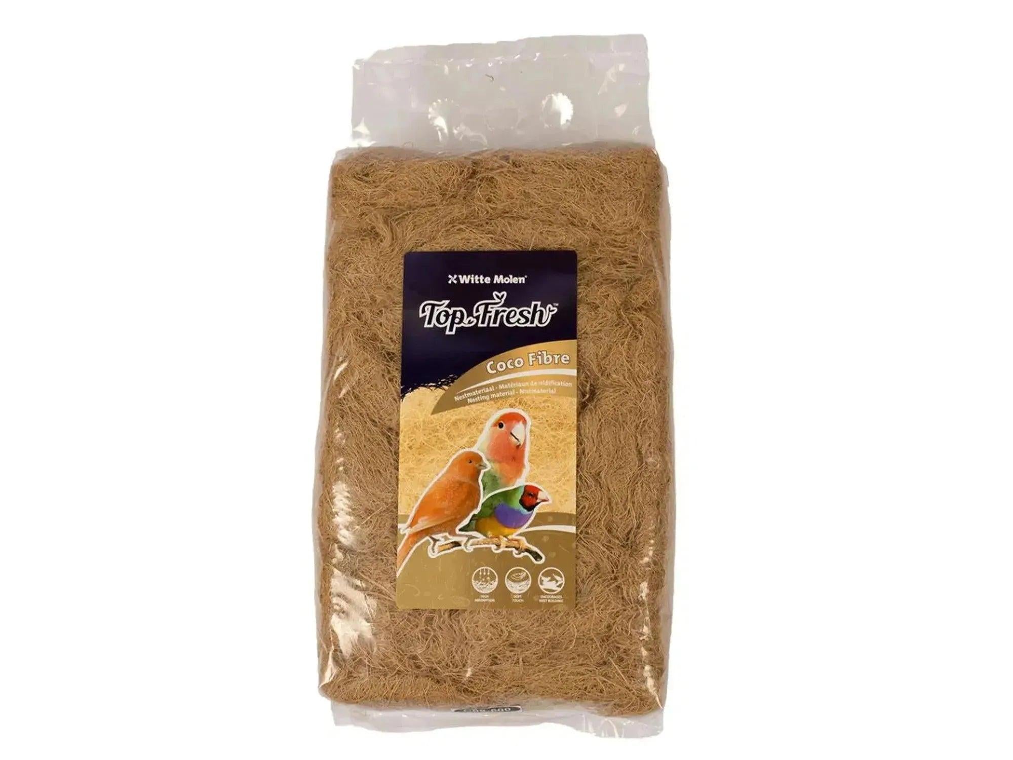 Witte Molen Top Fresh Coco Fibre 500g, naturlig brunt redemateriale for fugler i klar plastemballasje.