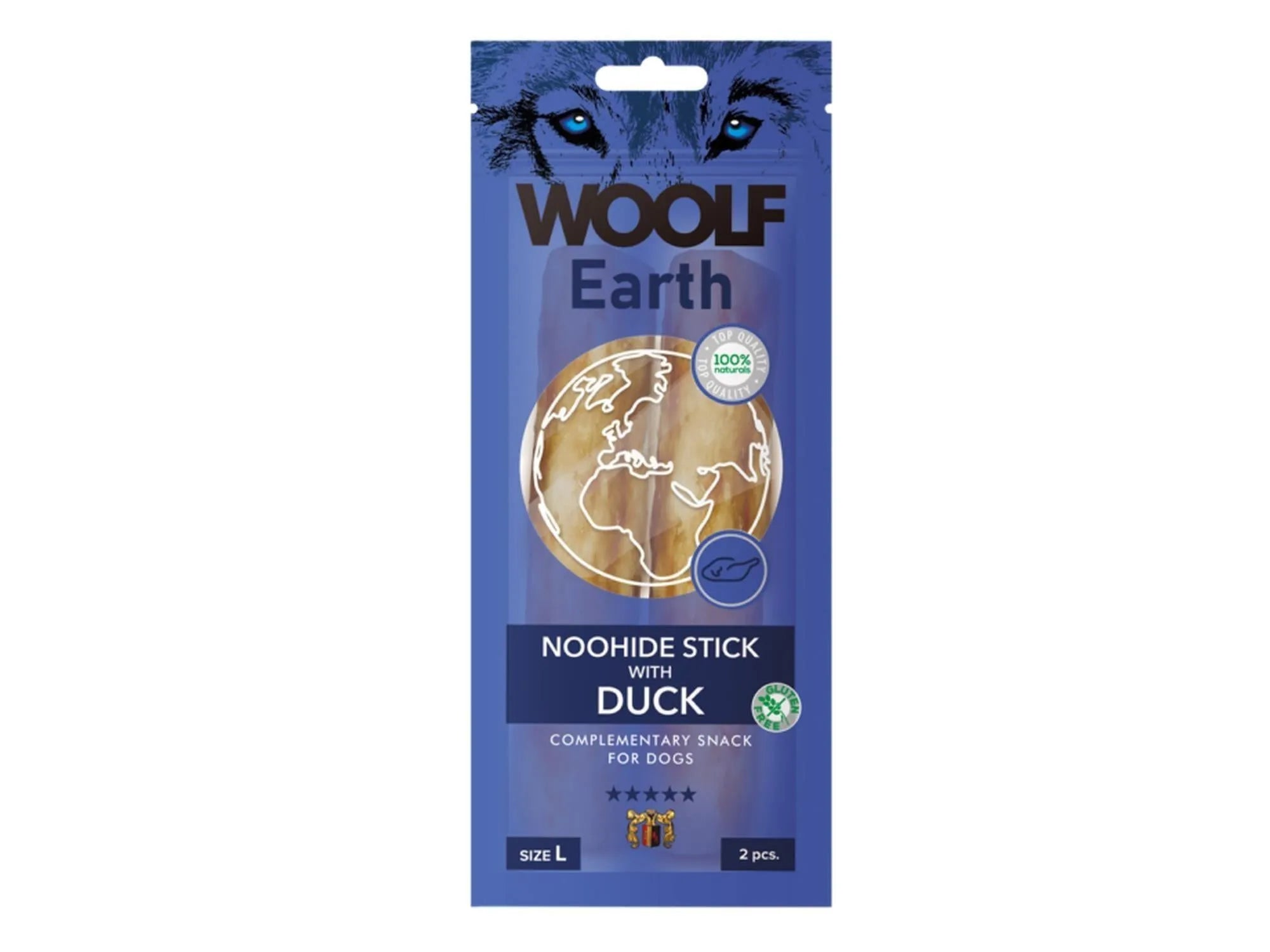 Woolf Earth Noohide Stick With Duck hundetyggepinner i blå emballasje, størrelse L, 2 stk.