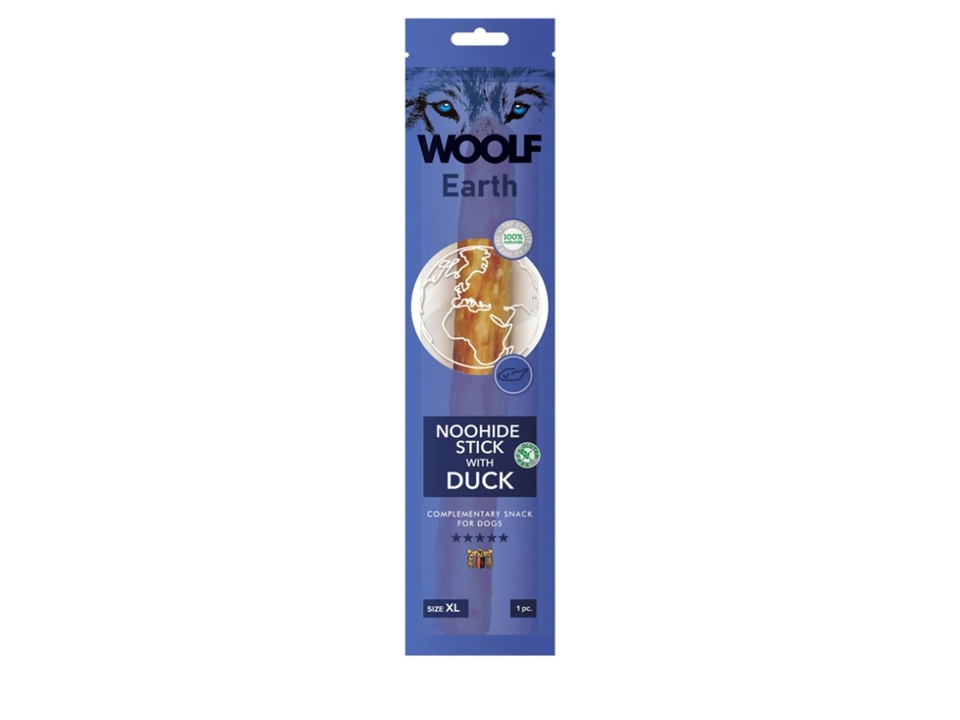 Blå pakke med Woolf Earth Noohide Stick With Duck, XL-størrelse, med ulvemotiv og jordklode.