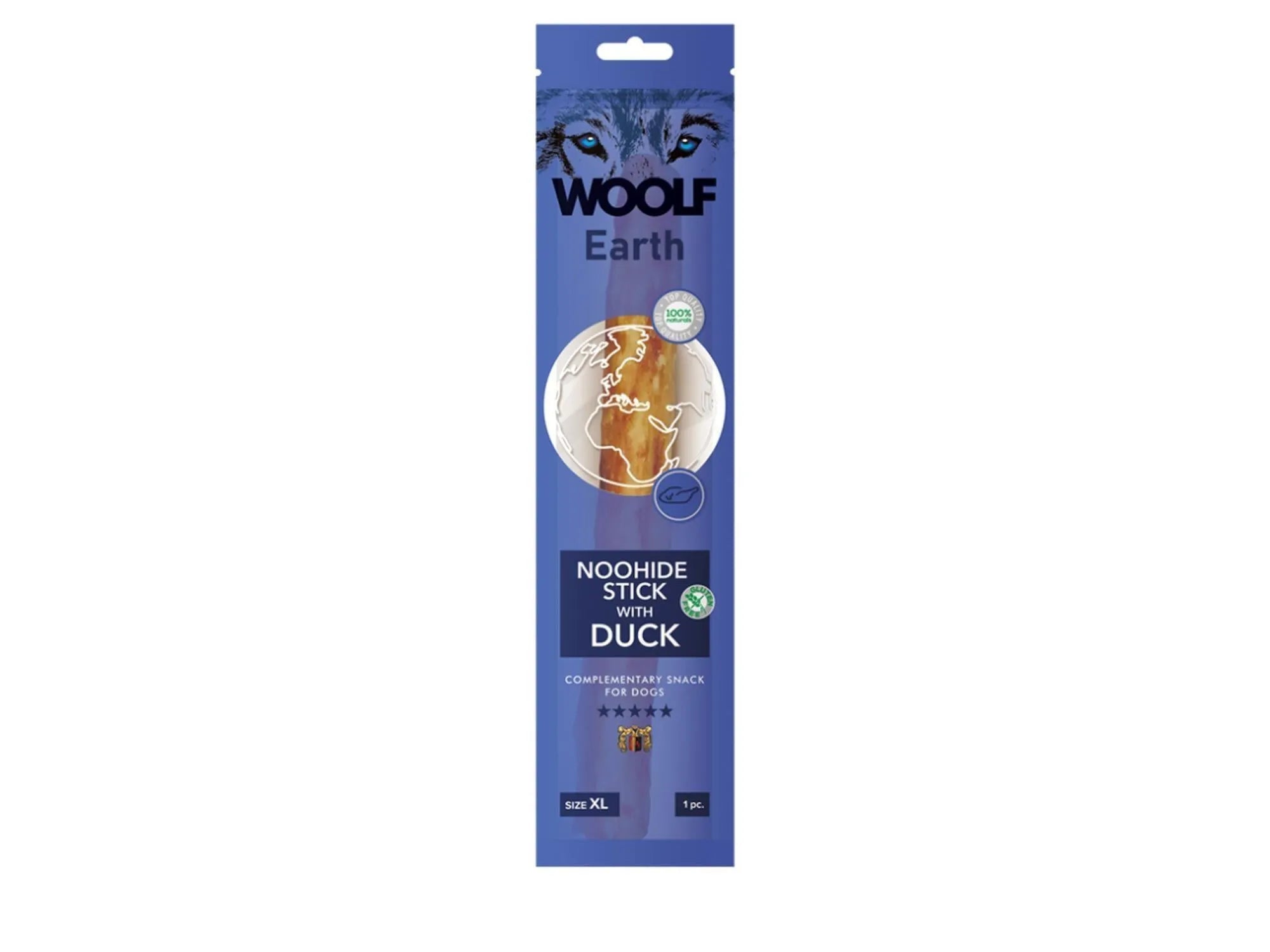 Blå pakke med Woolf Earth Noohide Stick With Duck, XL-størrelse, med ulvemotiv og jordklode.