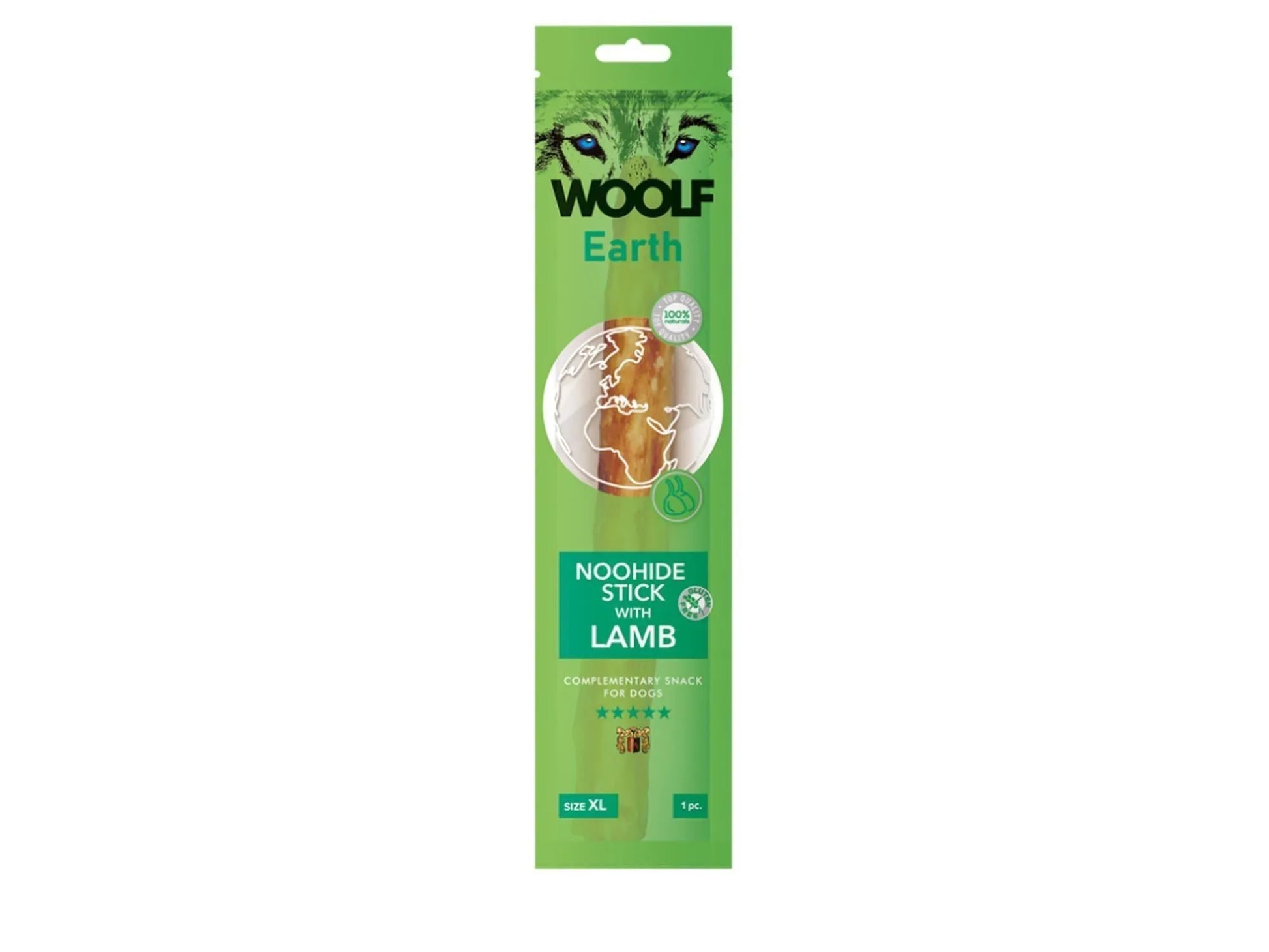 Grønn emballasje for Woolf Earth Noohide Stick With Lamb, XL størrelse, med et bilde av en tyggepinne.