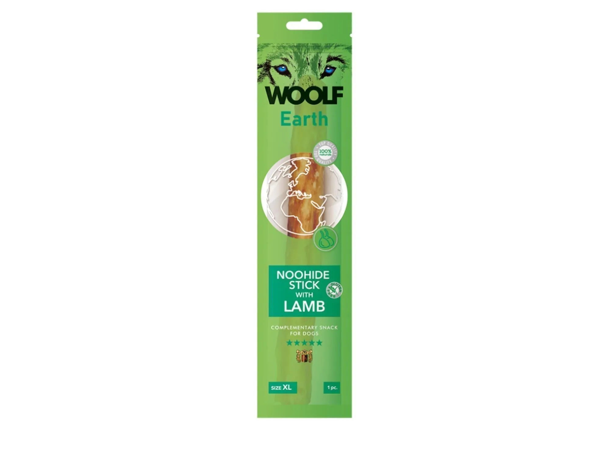 Grønn emballasje for Woolf Earth Noohide Stick With Lamb, XL størrelse, med et bilde av en tyggepinne.