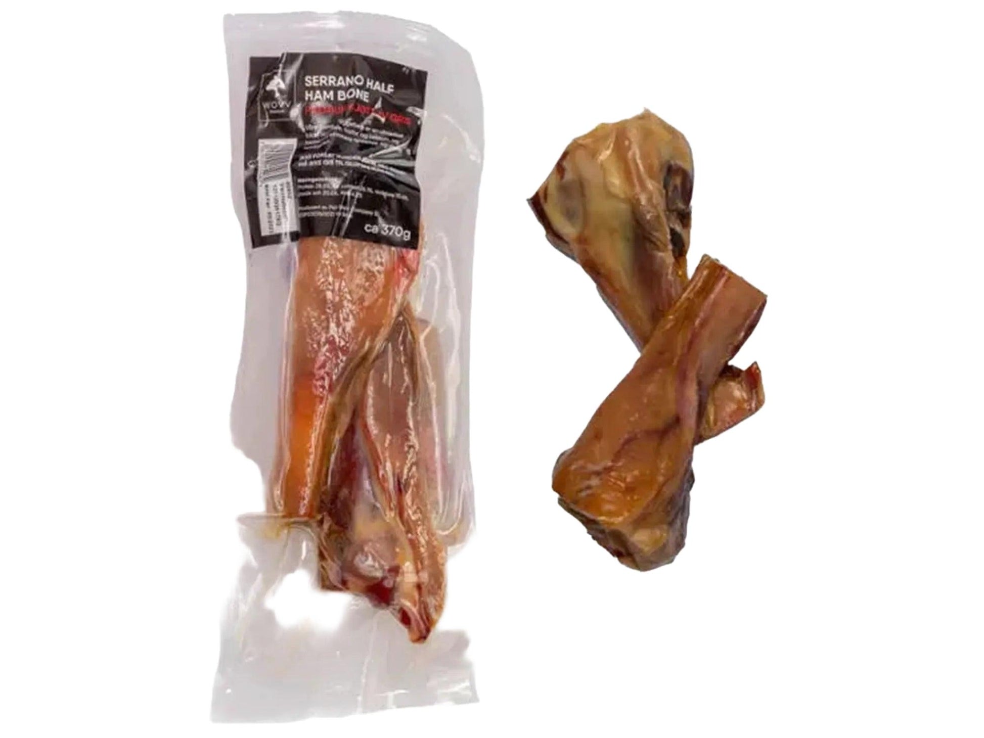 Wovv Serrano Half Ham Bone 2 pk, naturlige halvtørkede skinkebein for hund, pakket og løse.