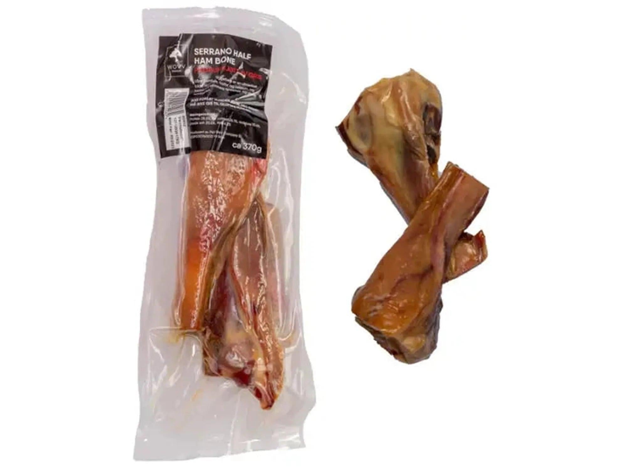 Wovv Serrano Half Ham Bone 2 pk, naturlige halvtørkede skinkebein for hund, pakket og løse.
