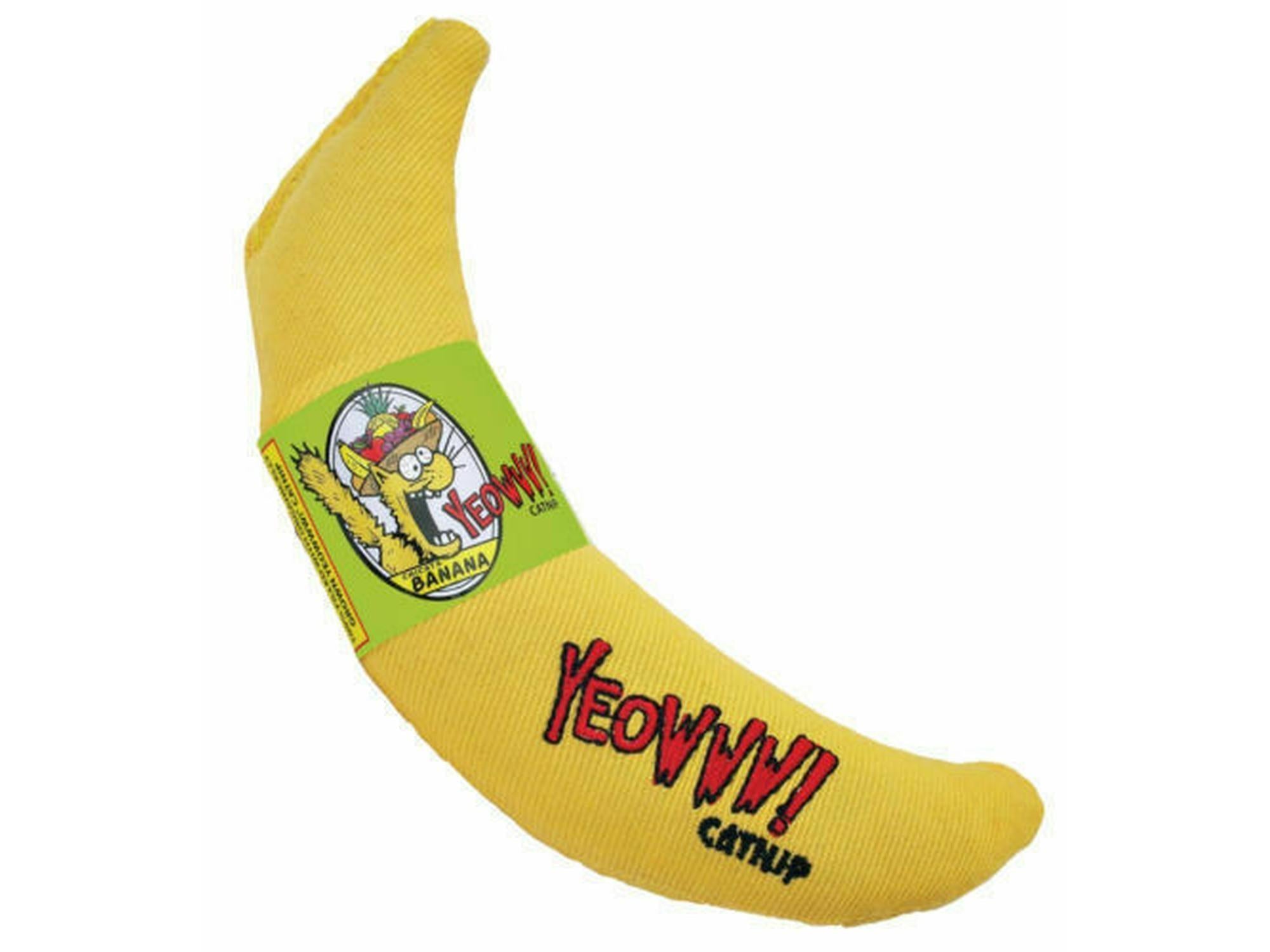 Gul Yeowww kattemynte banan katteleke i bomullstwill, ca. 18 cm, med logo.