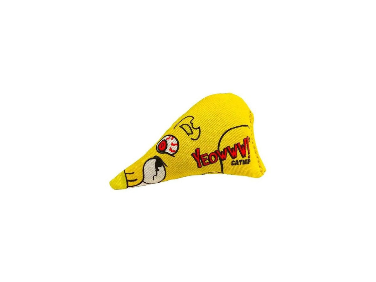 Gul Yeowww kattemynte Lubben Mus katteleke med tegneseriedesign.