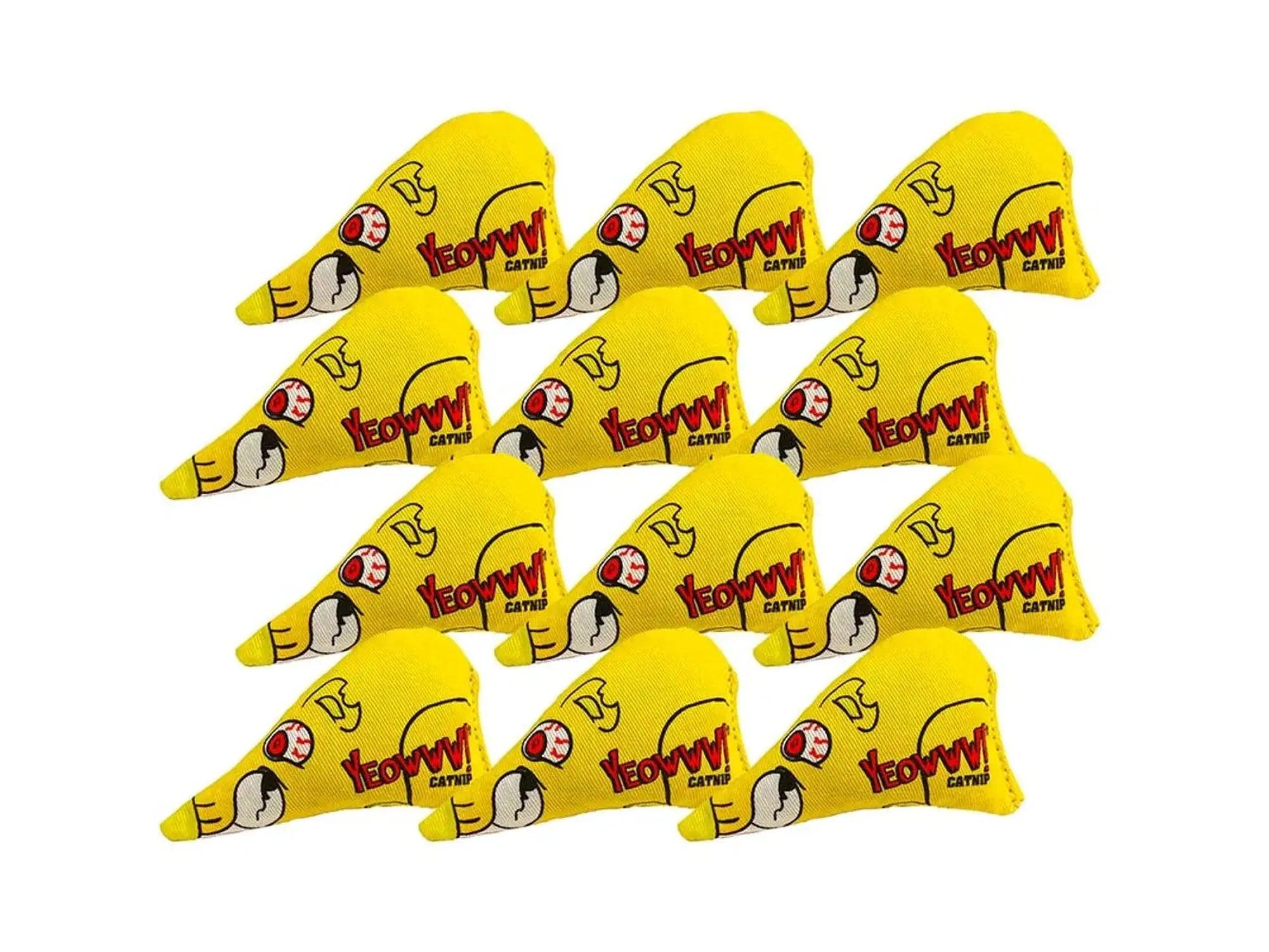Tolv gule Yeowww kattemynte Lubben Mus katteleker med røde øyne og logo.