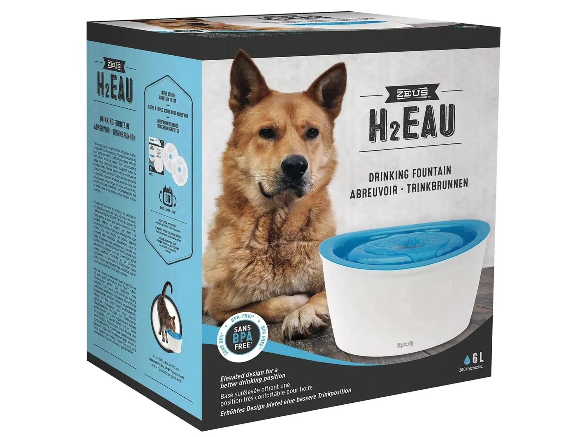 Zeus H2EAU 6 liter hvit/blå drikkefontene for hund og katt, vist i esken med en hund.