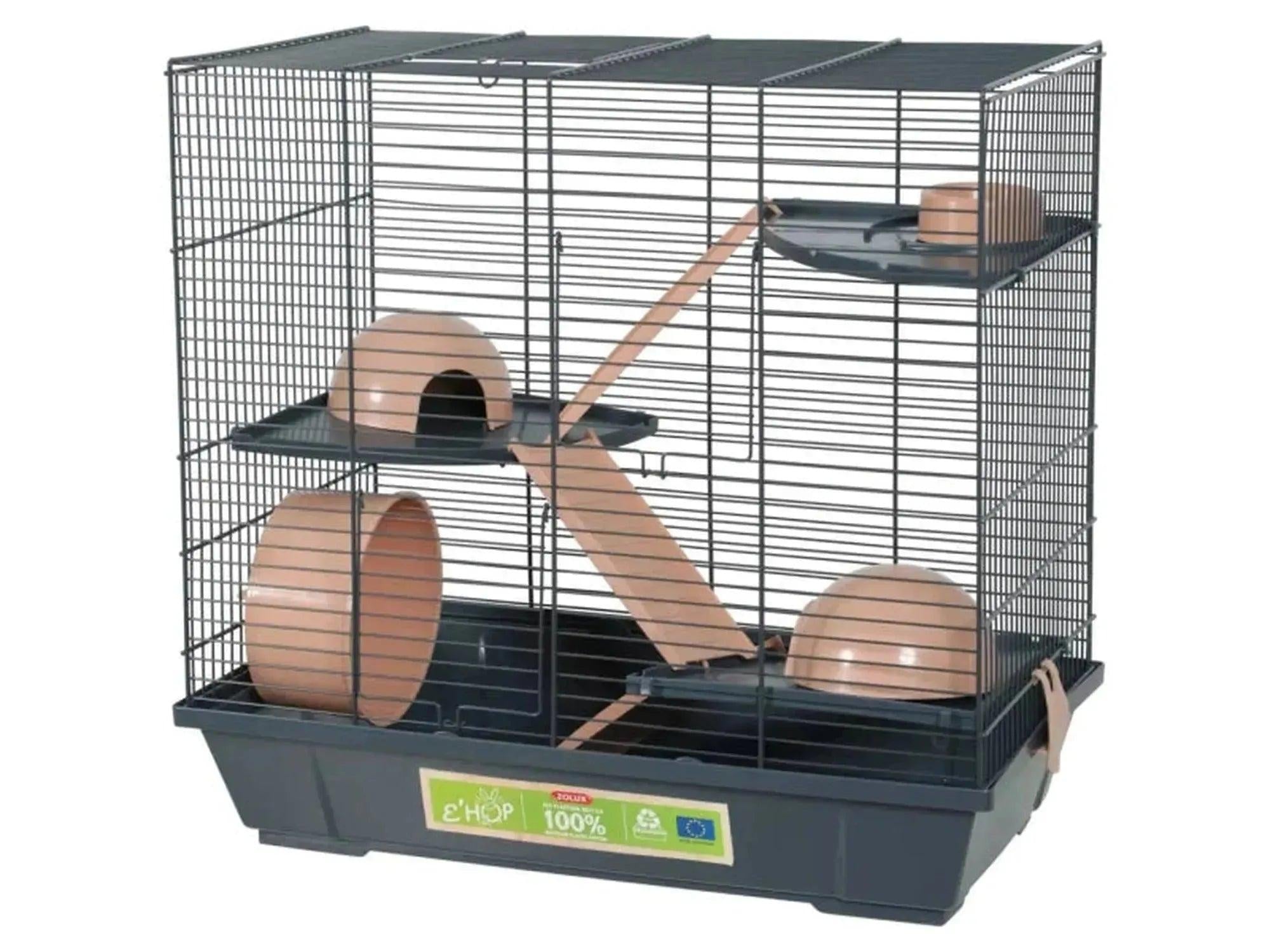 Zolux Hamsterbur TripleX i beige/antrasitt med tre etasjer, spinnehjul, matskål og hus.