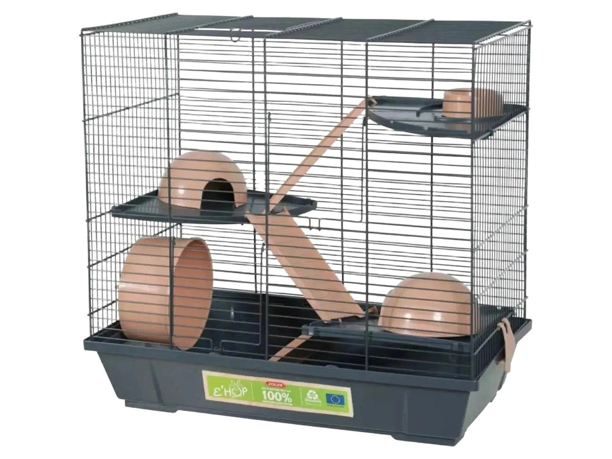Zolux Hamsterbur TripleX i beige/antrasitt med tre etasjer, spinnehjul, matskål og hus.