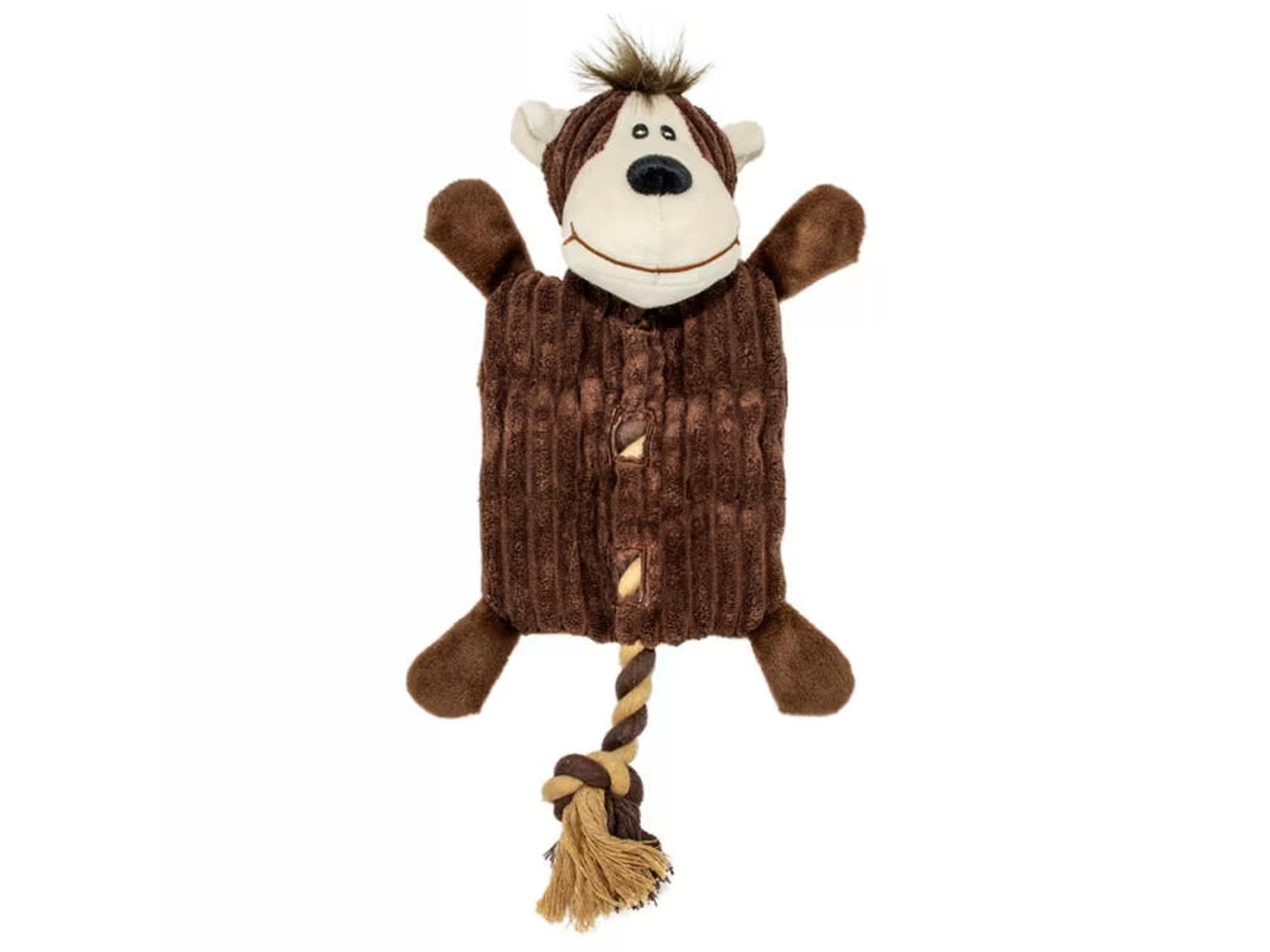 Brun kordfløyel Mia Monkey flat hundeleke med tauhale og pipelyder.