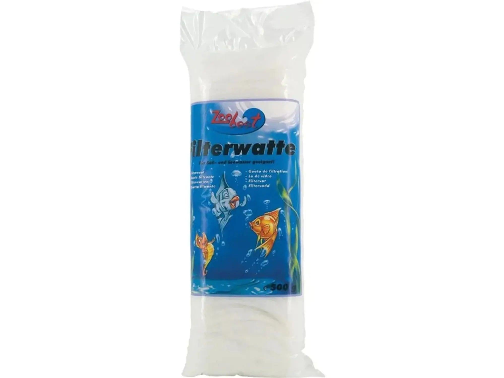 ZooBest Filtervatt 500g, hvit filterull i klar plastpose med blå etikett og fiskemotiv.