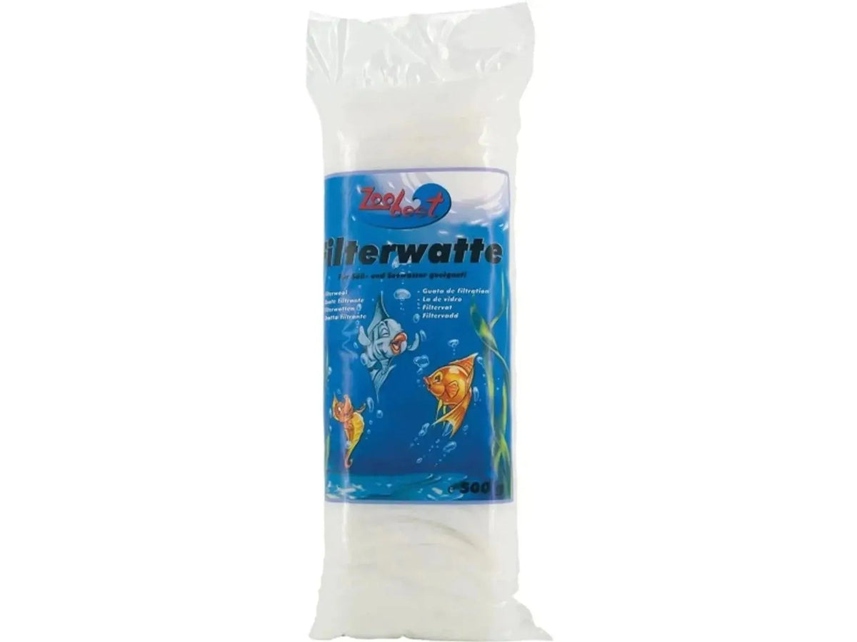 ZooBest Filtervatt 500g, hvit filterull i klar plastpose med blå etikett og fiskemotiv.