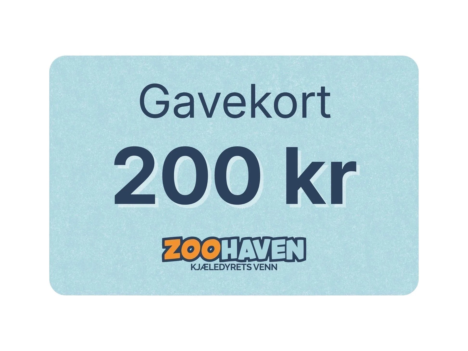 Zoohaven gavekort på 200 kr med lyseblå bakgrunn og oransje-lilla logo.
