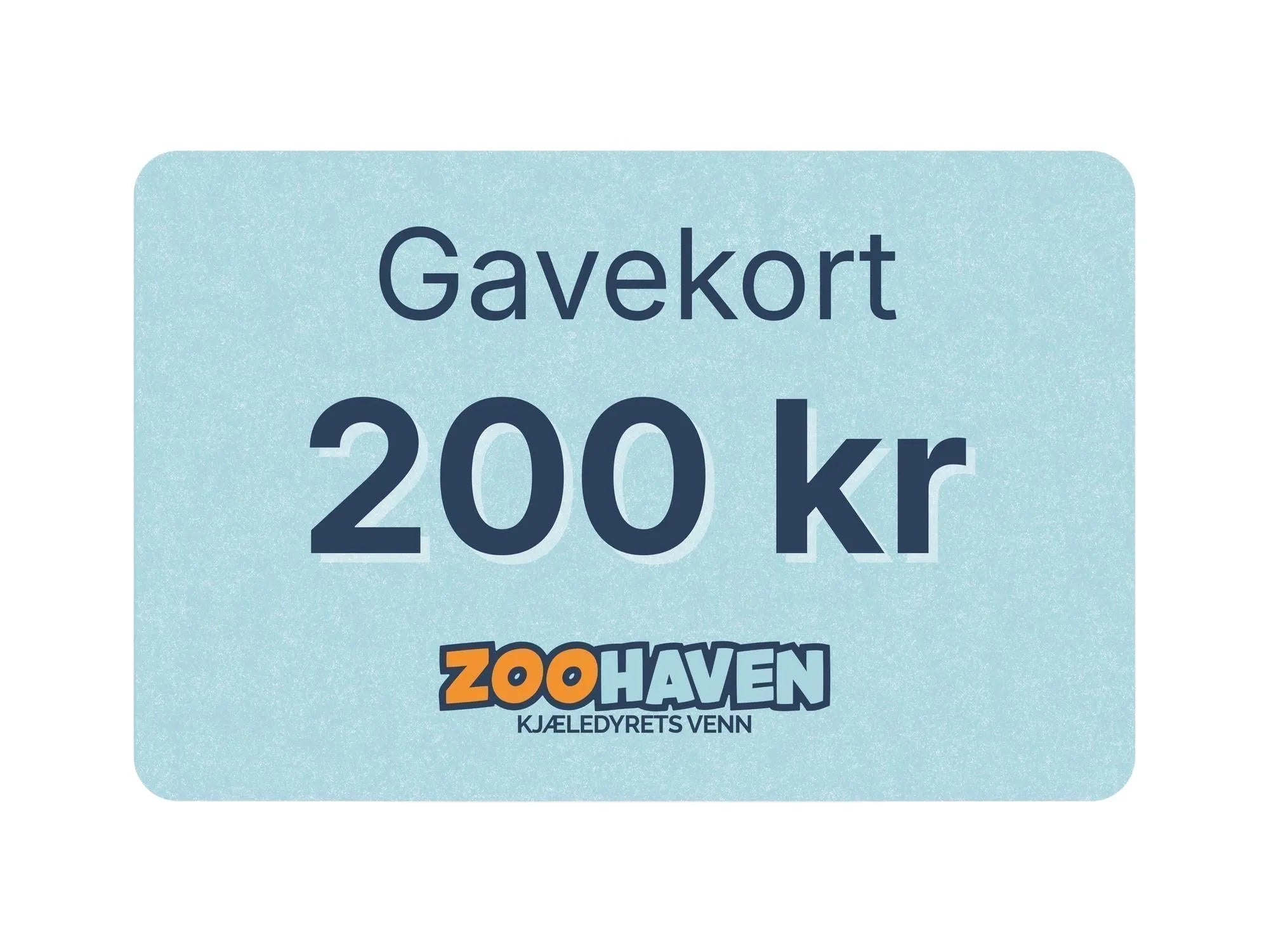 Zoohaven gavekort på 200 kr med lyseblå bakgrunn og oransje-lilla logo.