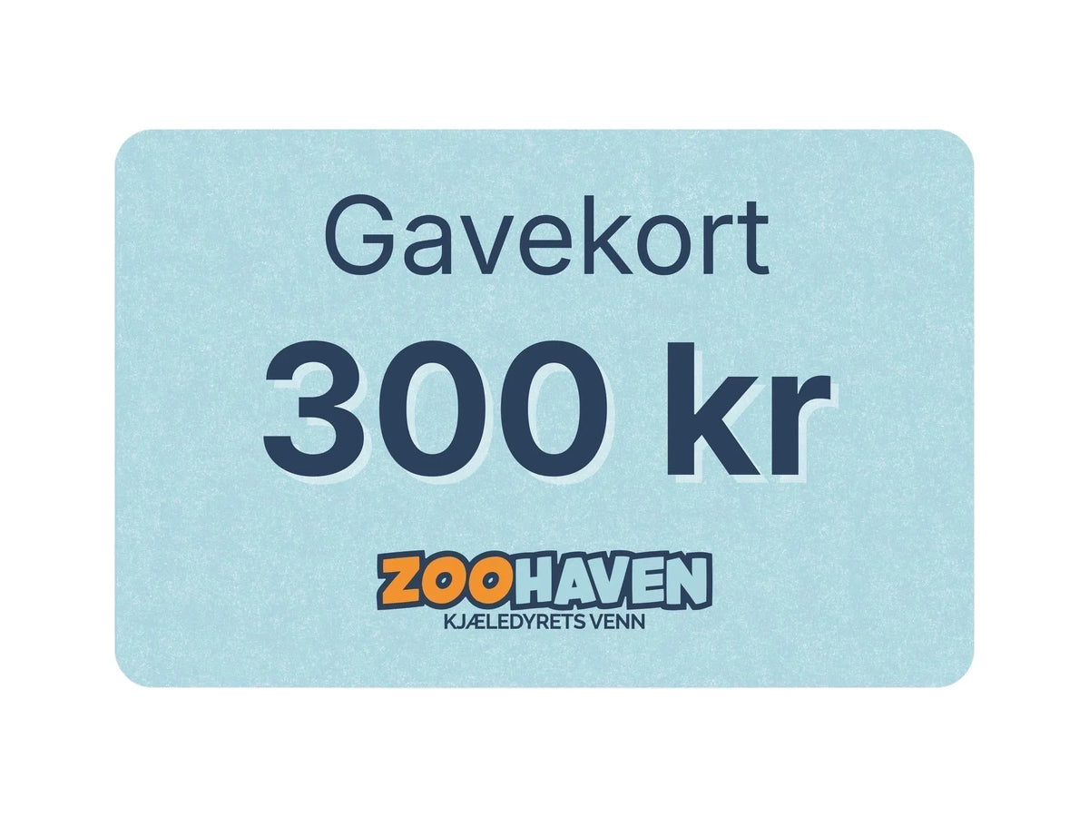 Lyseblått Zoohaven gavekort på 300 kr med oransje og mørkeblå logo.