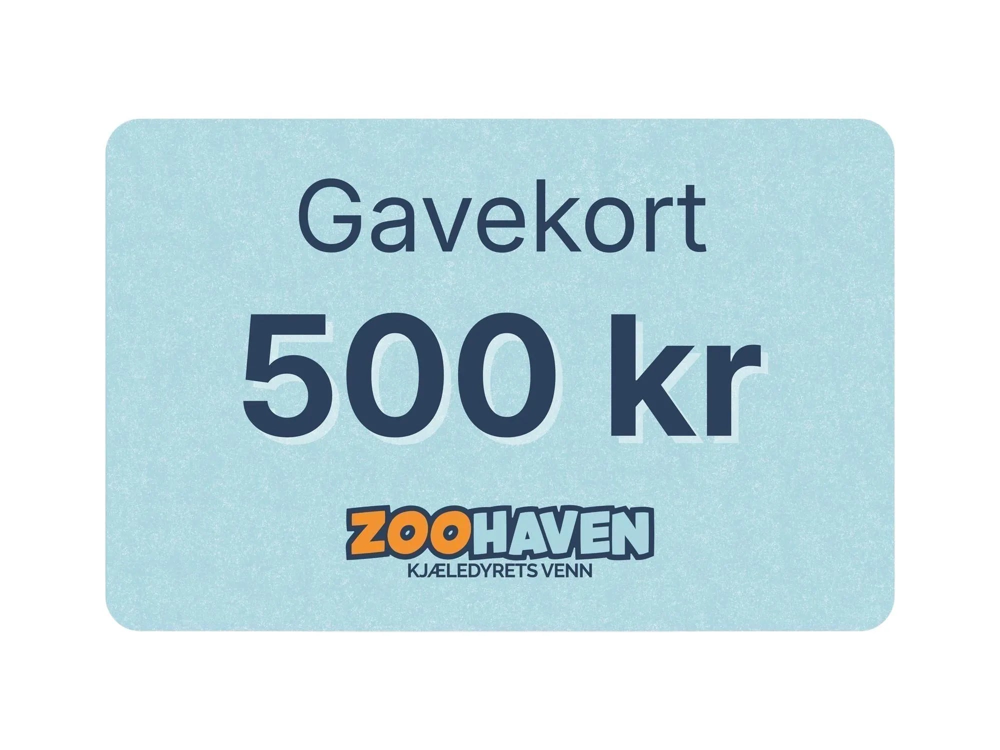 Zoohaven gavekort på 500 kr i lyseblått med oransje og mørkeblå logo.