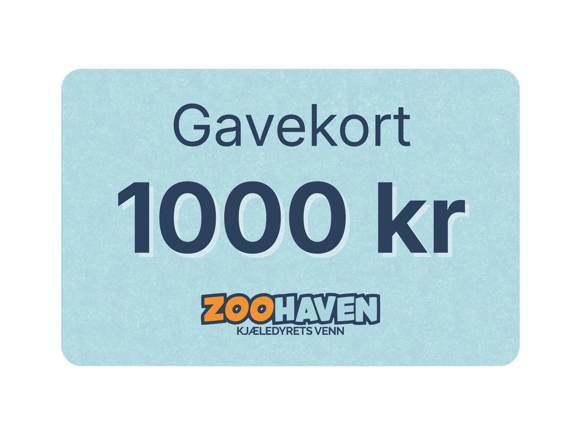 Lyseblått Zoohaven gavekort på 1000 kr med oransje og blå logo.