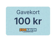 Lyseblått Zoohaven gavekort på 100 kr med oransje og mørkeblå tekst.