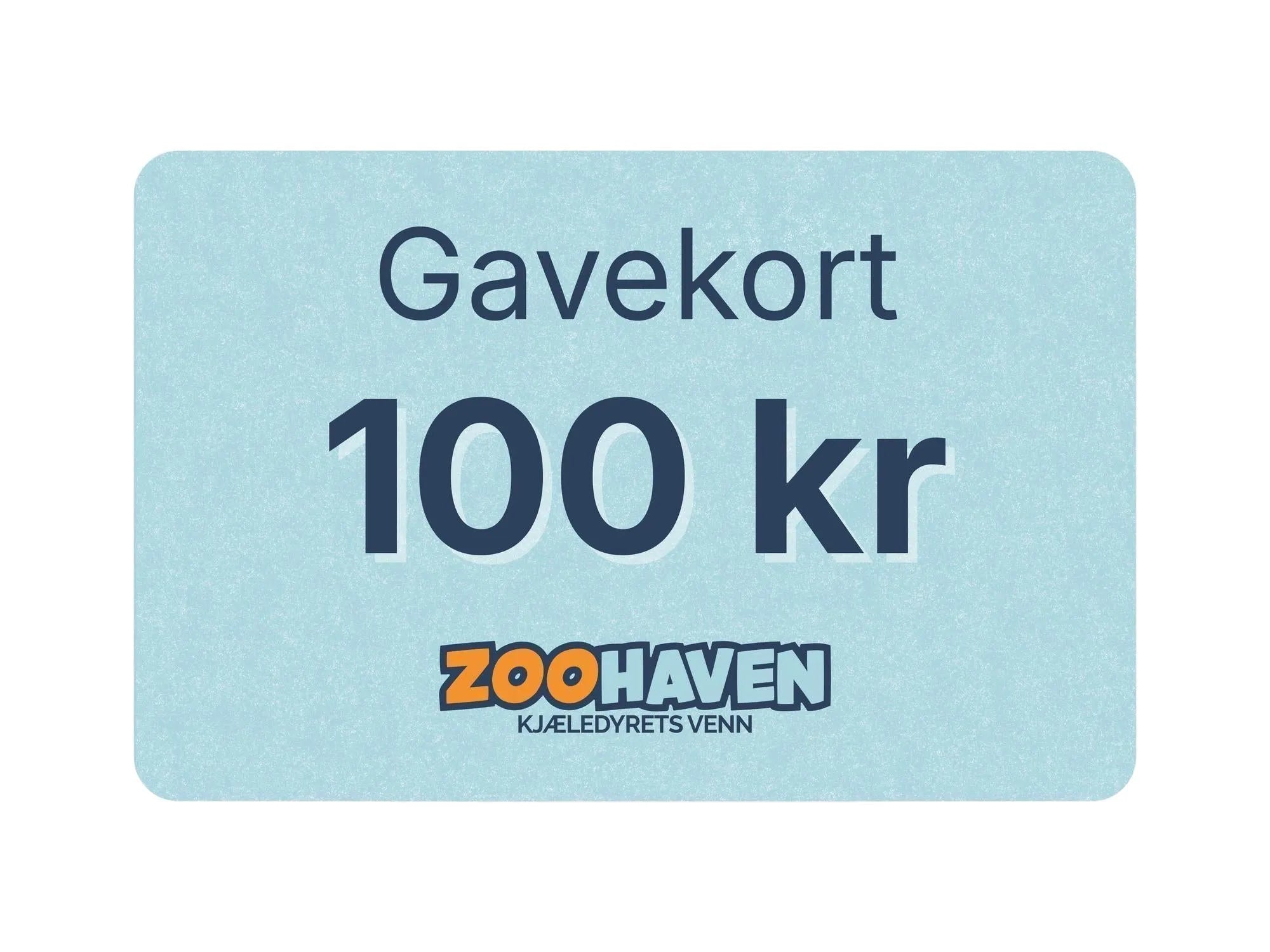 Lyseblått Zoohaven gavekort på 100 kr med oransje og mørkeblå tekst.
