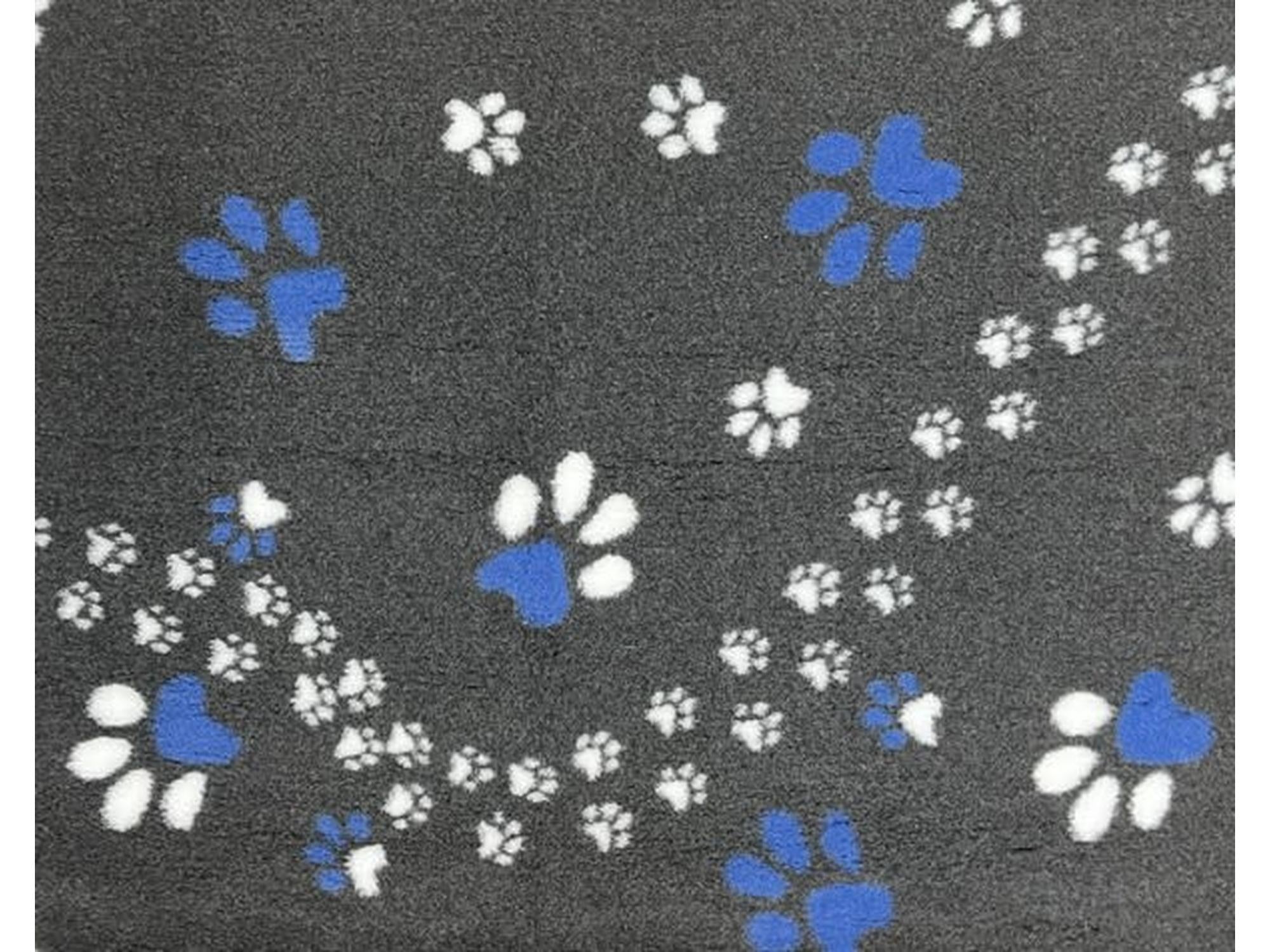 VetBed Nonslip liggematte 100x150 cm med blå og hvite poter i slyngemønster på mørkegrå bunn.