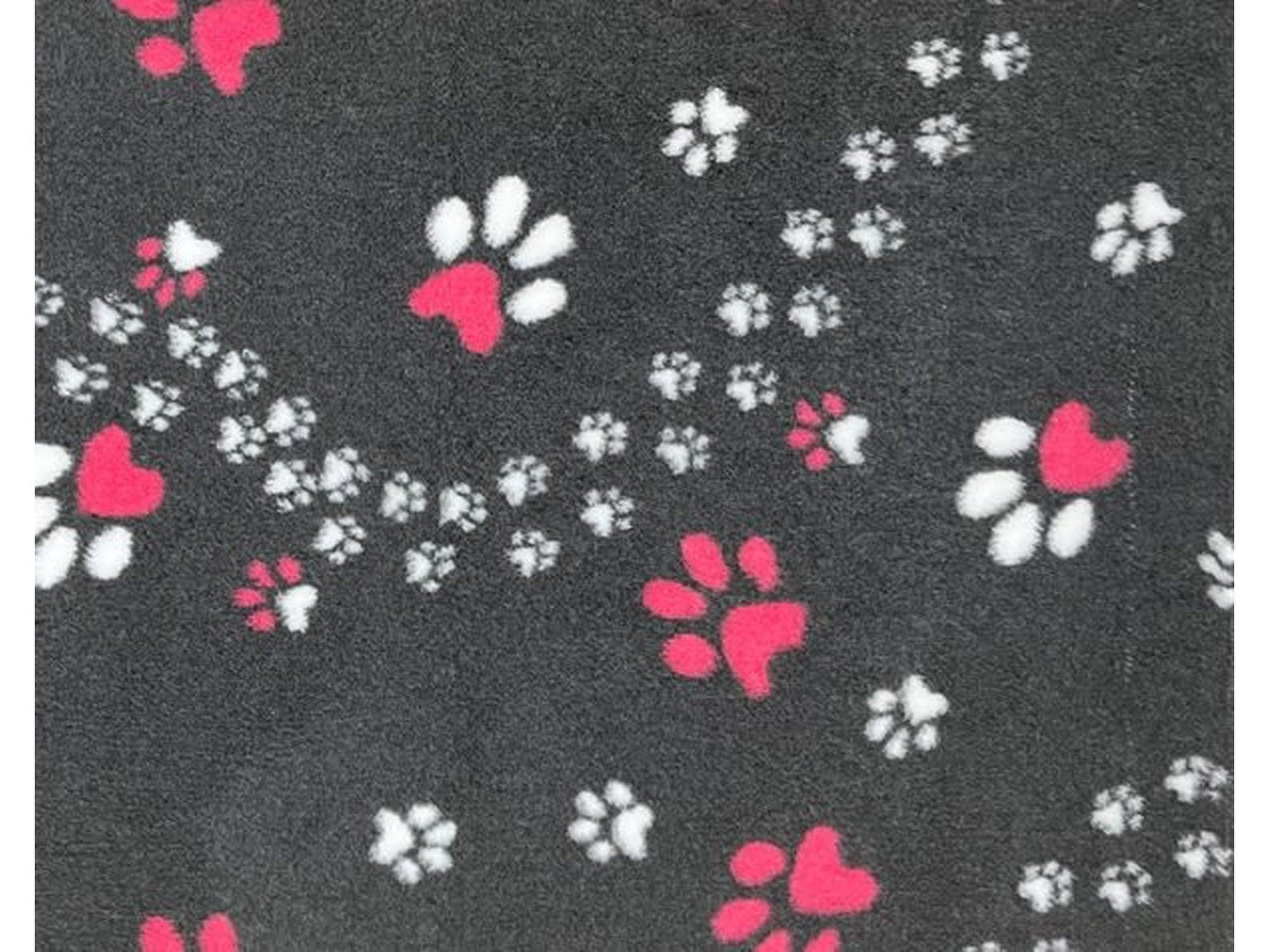 VetBed Nonslip liggematte 100x150 cm med rosa og hvite poter i slyngemønster på mørkegrå bunn.