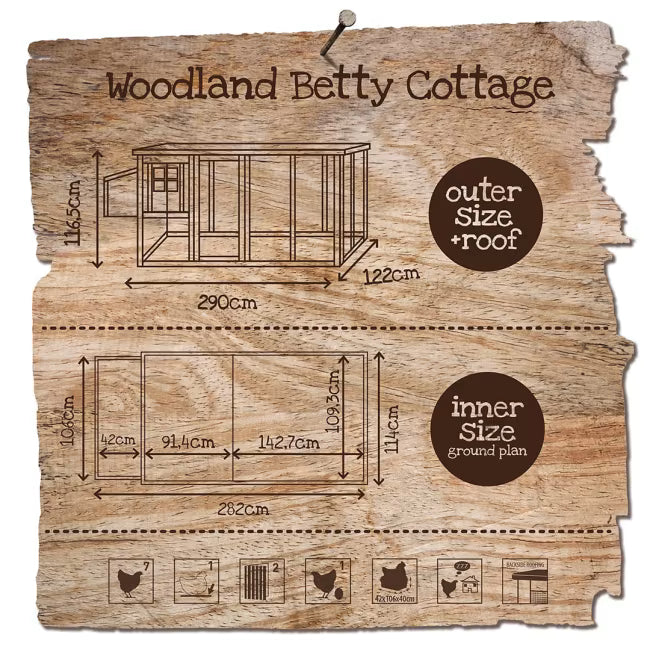 Duvo+ Woodland Betty Cottage Kippenhus med Løpegård 290x122x116,5cm for opptil 7 Høner