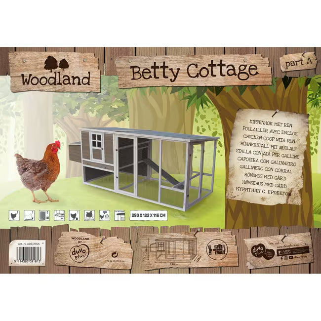 Duvo+ Woodland Betty Cottage Kippenhus med Løpegård 290x122x116,5cm for opptil 7 Høner