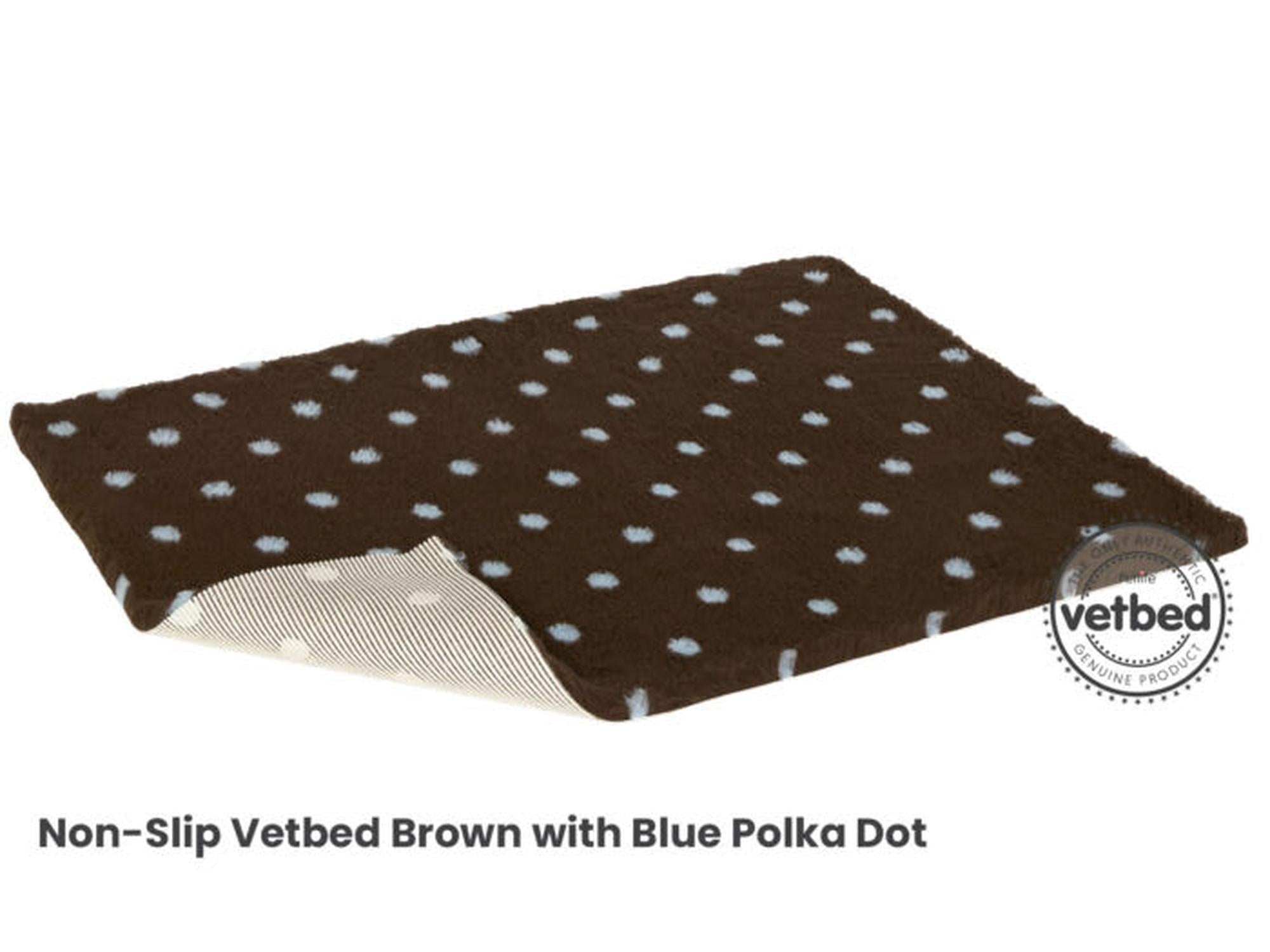 VetBed Nonslip liggematte med blå prikker på brun bunn.