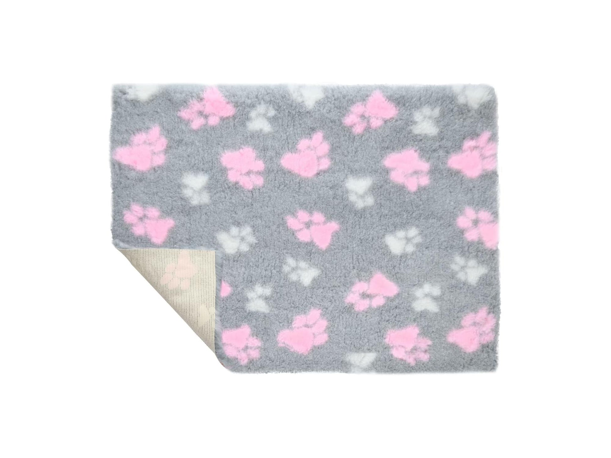 VetBed Nonslip Duo Paw liggematte med rosa og hvite poter på grå bunn.