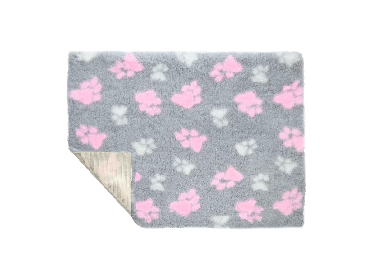 VetBed Nonslip Duo Paw liggematte med rosa og hvite poter på grå bunn.