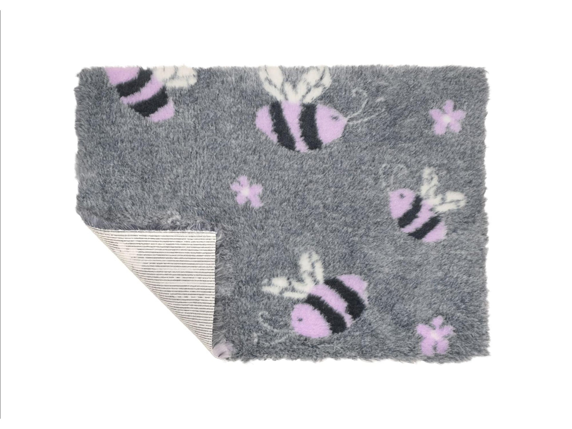 VetBed Nonslip liggematte med lilla humler på blågrå bunn.