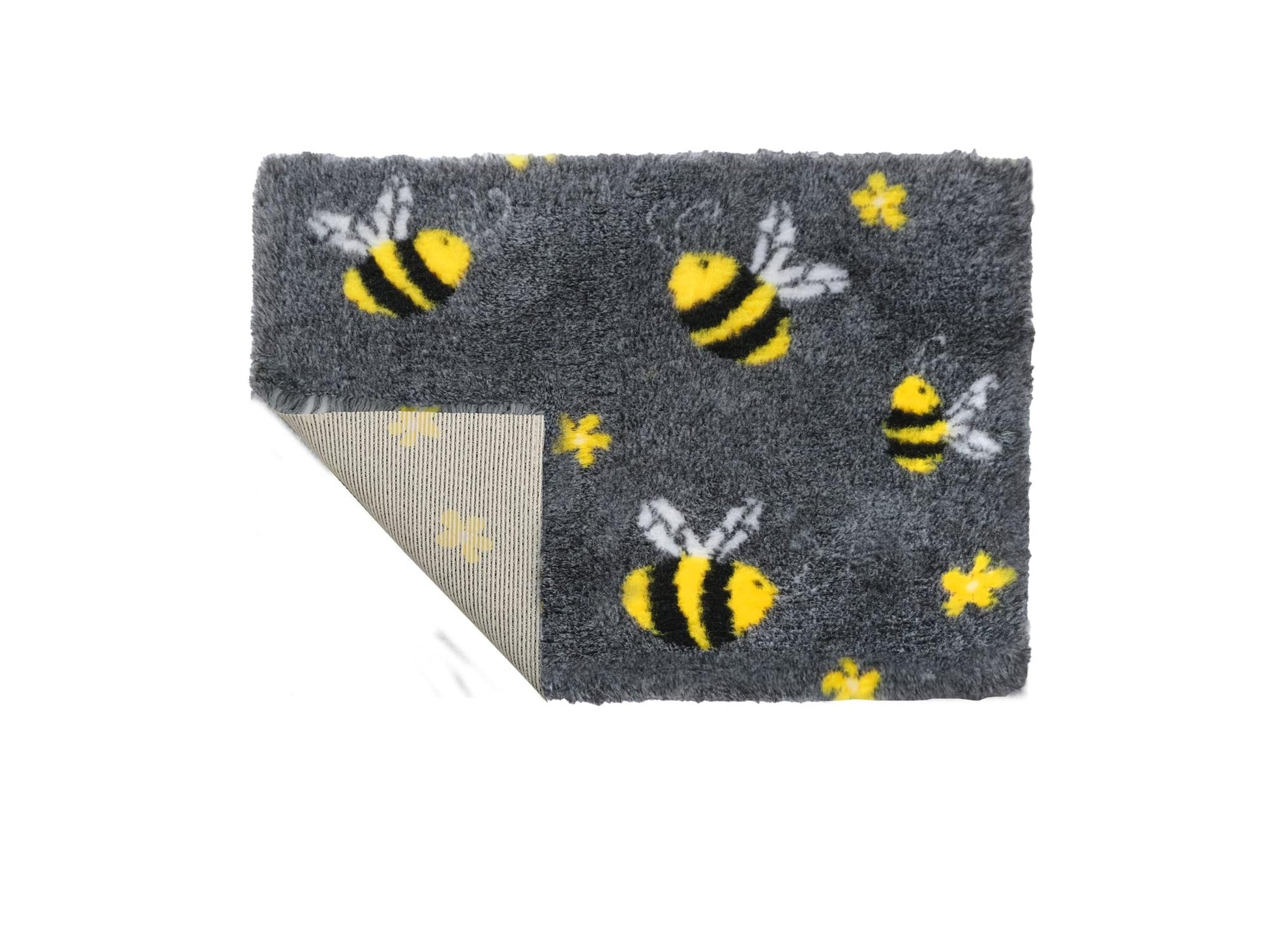 VetBed Nonslip liggematte med gule humler på charcoal bunn.