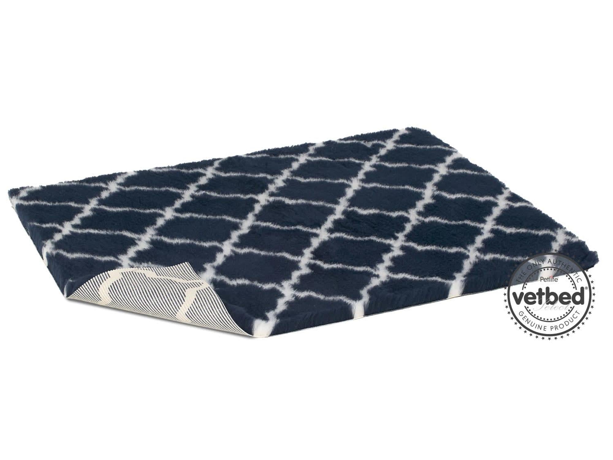 VetBed Nonslip liggematte med espaliermønster på midnattsblå bunn.