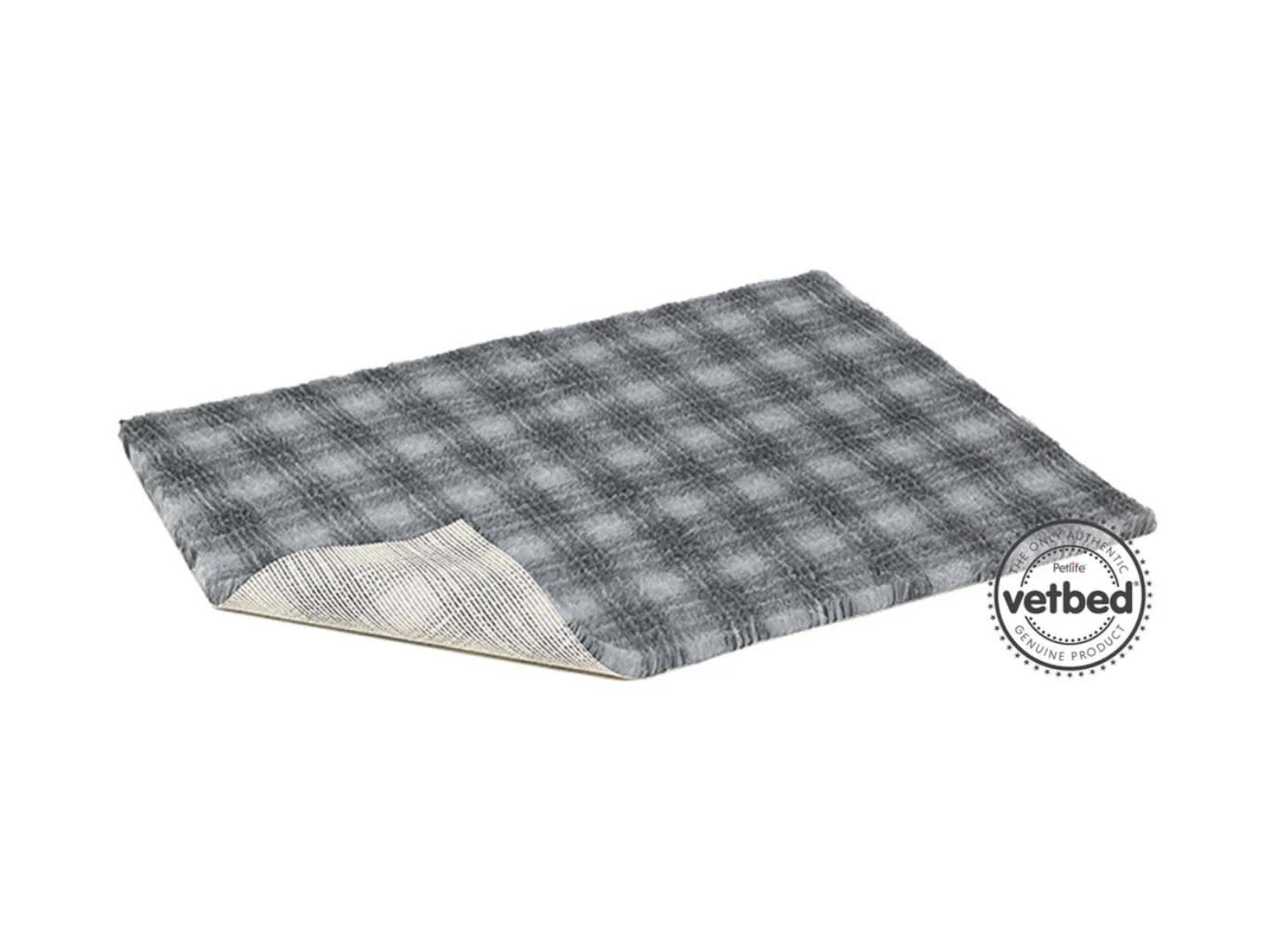 VetBed Nonslip liggematte med grått tartanmønster.
