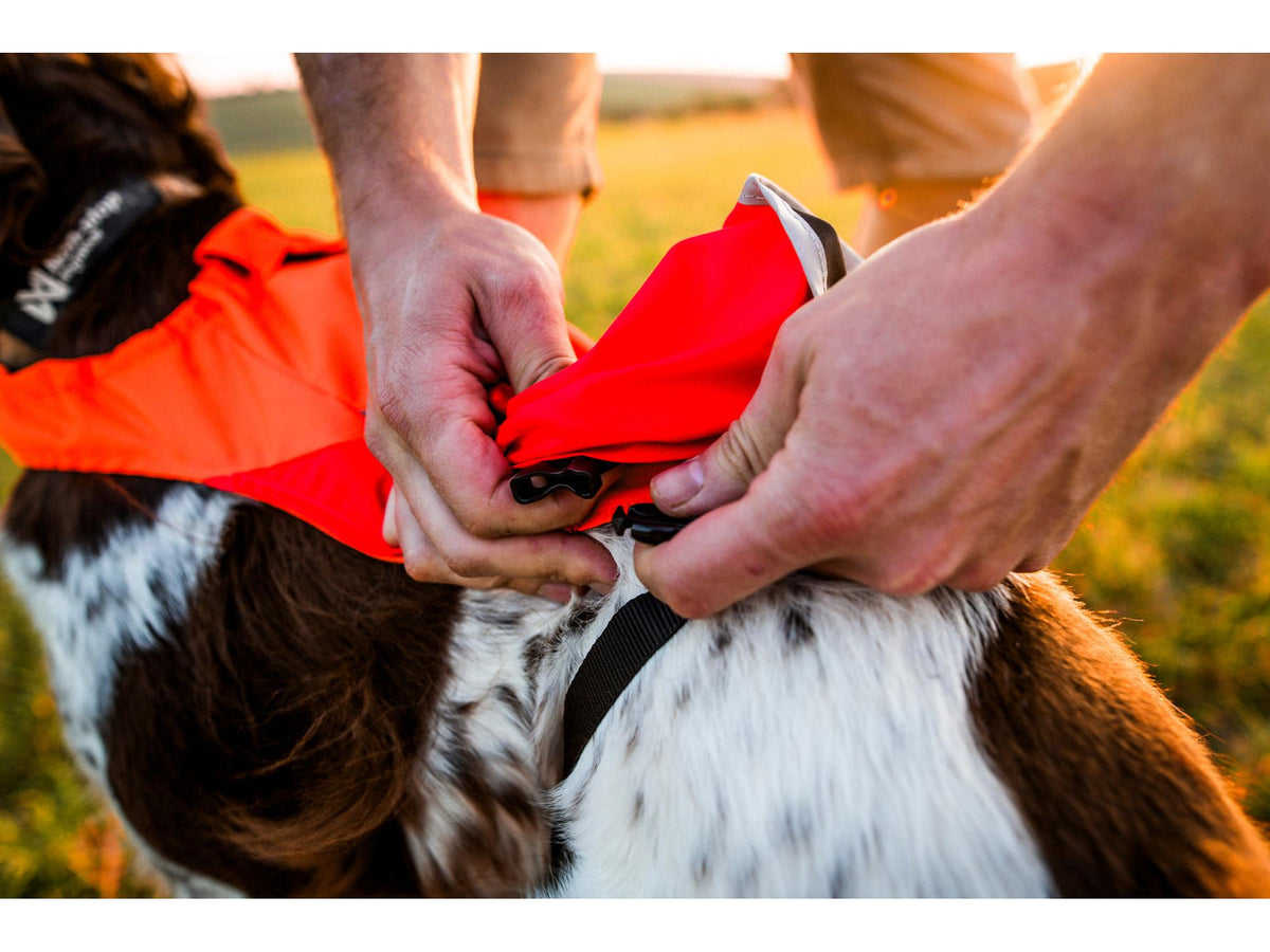 Non-stop dogwear Protector cover 2.0 synlighetsdekken – Hvit/svart/oransje – modellen vist i annen farge